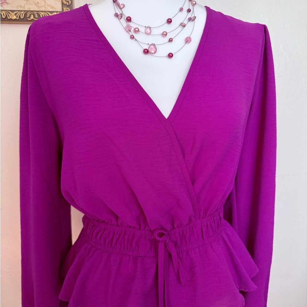 Chic Fuchsia V-Neck Wrap Blouse with necklace